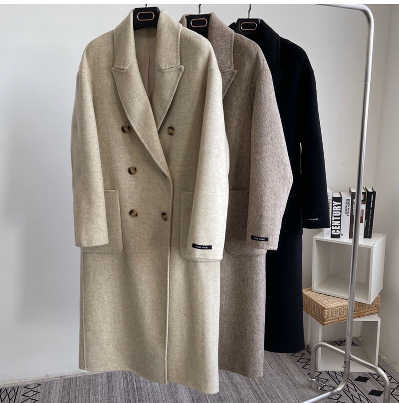 Double face cashmere big coat female medium long version 2021 autumn and winter new loose double-row buttoned west suit collar fur coats women