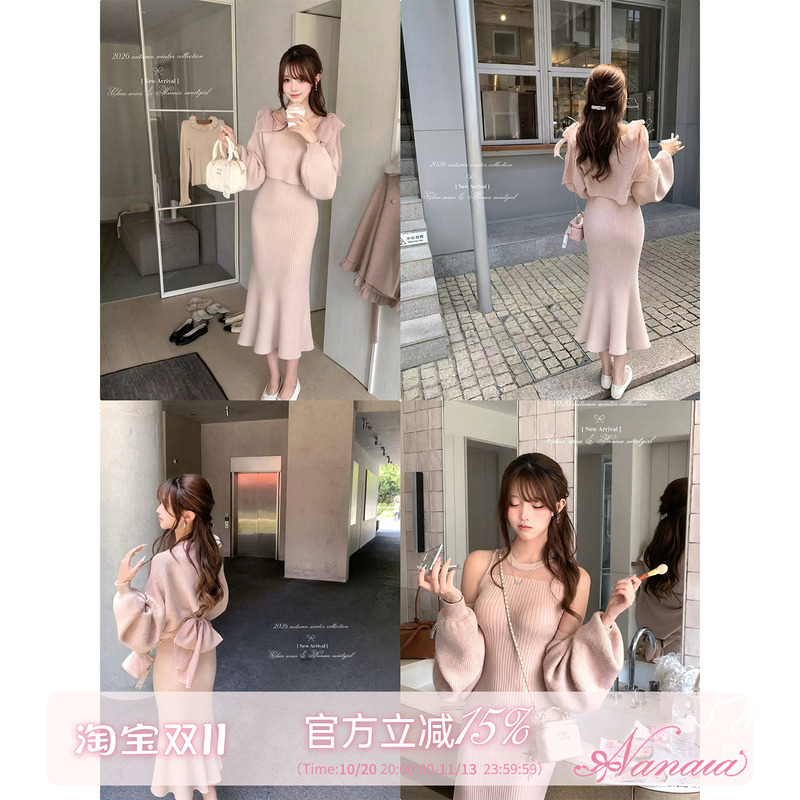 Sweet Narcissus Shinjuku Muse Dress Sweet and Gentle Style Knitted Blouse Women's Autumn and Winter Dress with Bow Slim Fit