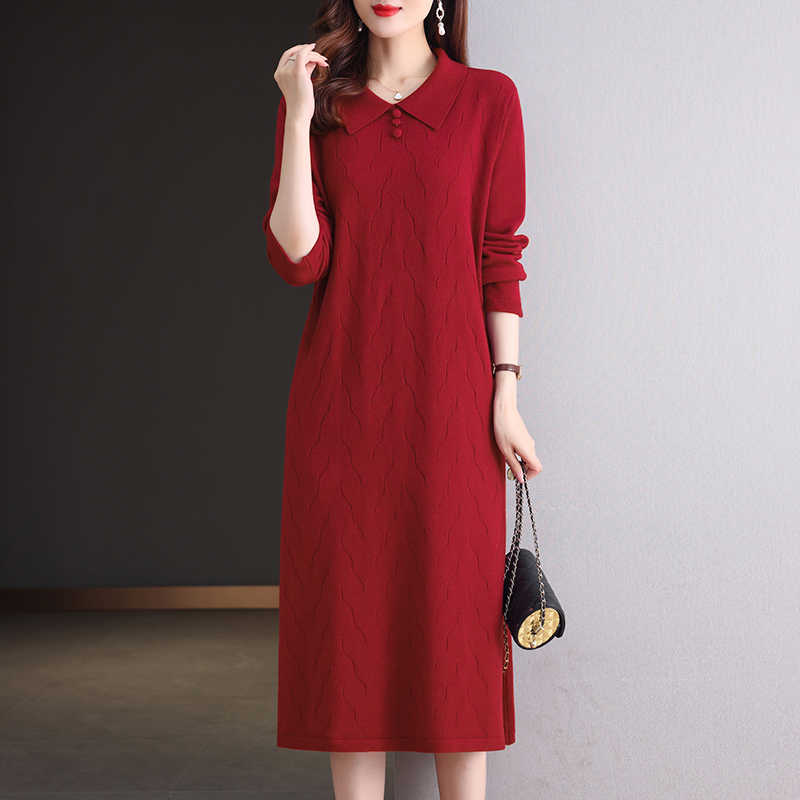 Autumn and Winter Long Shirt with a Collar, Red Knit Sweater Dress Worn under a Coat, Woolen Dress