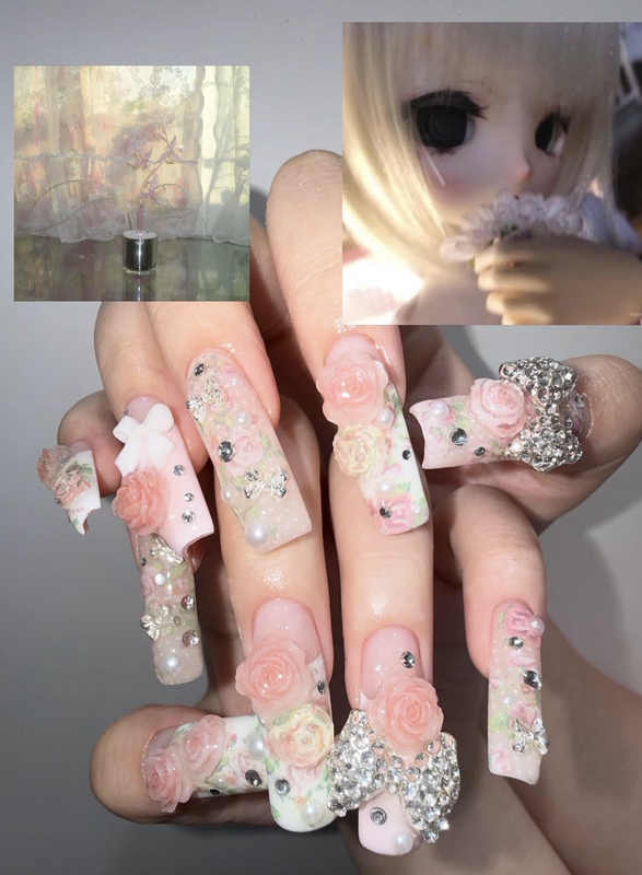 New Style Manicure Wearable Nails High-End Camellia Colored Diamond Zircon Sequin Nail Patches Flower Medium-Long Ladder