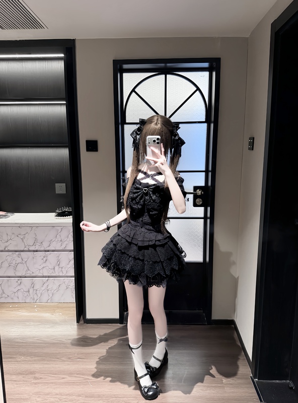 Girl and Cherry Original [Lilith] Japanese Vintage Style Cute Light Lace Big Bow Short Sleeve Short Skirt