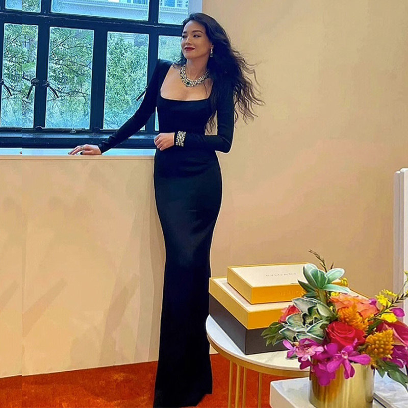 MZNNI オートクチュール Shu Qi 同スタイルドレス：高級ボディコン長袖スクエアネックブラックイブニングドレス（女性用）