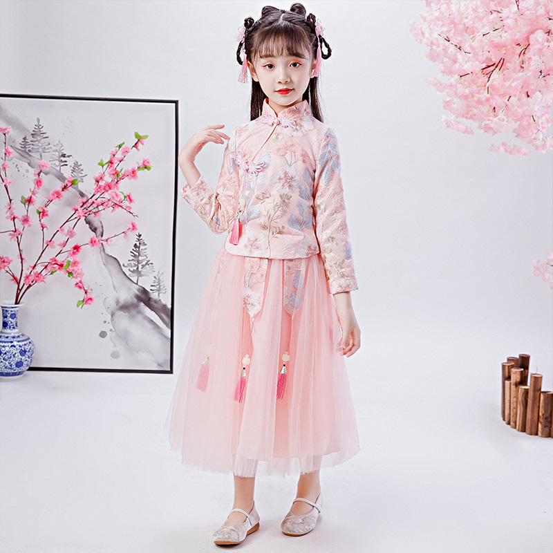 Girl's Handwear Chinese Wind Autumn Costume Ancient Wind Tang Dress Long Sleeve Dress Children Yarn Dress Childlike Dress Foreign Suit Foreign Dress