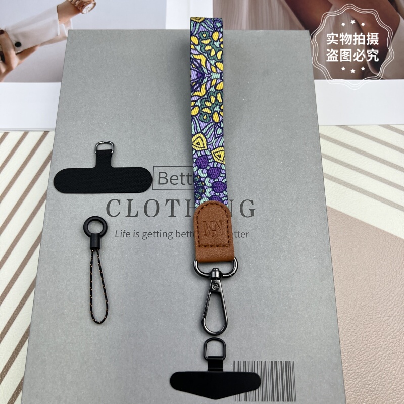 Light Luxury High-End Leather Buckle Phone Lanyard Short Strap Wide Canvas Painted Printed Wristband Camera Keychain Pendant