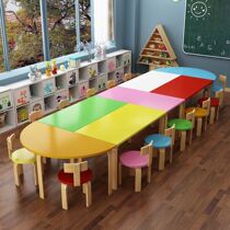 Class Table And Chairs Kindergarten Table And Chairs Solid Wood Tutoring Group Exercises Activity Room Painting Suit Preschool splicing