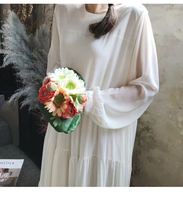 Đầm voan kẻ liền màu phiên bản Hàn Quốc của nàng tiên mới Slim cổ tròn tay dài chạm đáy váy trong váy dài nữ 2018 váy babydoll dài