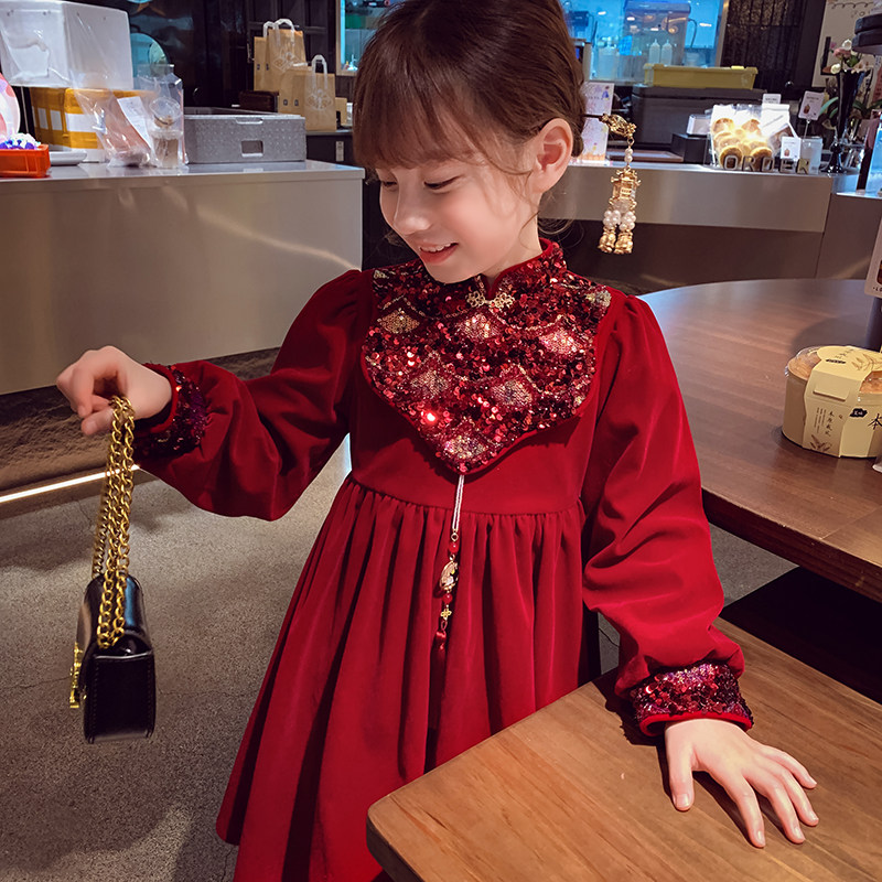 Girl Dress Dress Winter Dress 2023 New Ocean Gas Children Gush Princess Dresses Girl China Wind New Year Skirts-Taobao