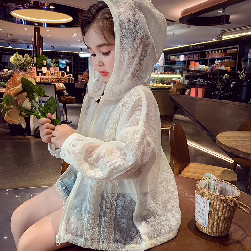 女童防晒衣2025新款洋气夏季薄款儿童空调服女孩蕾丝连帽长袖外套