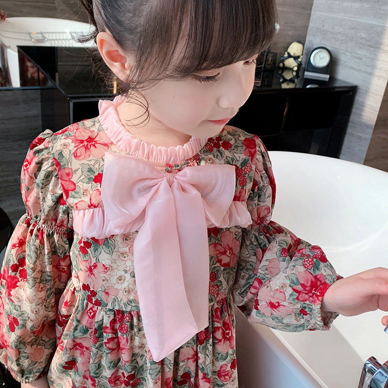 Girls Floral Dress 2022 New Female Treasure Autumn Dress French Skirt Bow Foreign Air Big Boy Princess Skirt