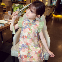 Girls Dress Summer Dress 2024 New Style Childrens Small Flying Sleeves National Style Cheongsam Dress Girls Floral Princess Dress