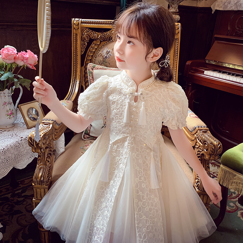 Girls' Dress New Chinese Style Children's Hanfu Summer Dress 2026 New Style Girls' Cheongsam Puff Sleeve Mesh Princess Dress