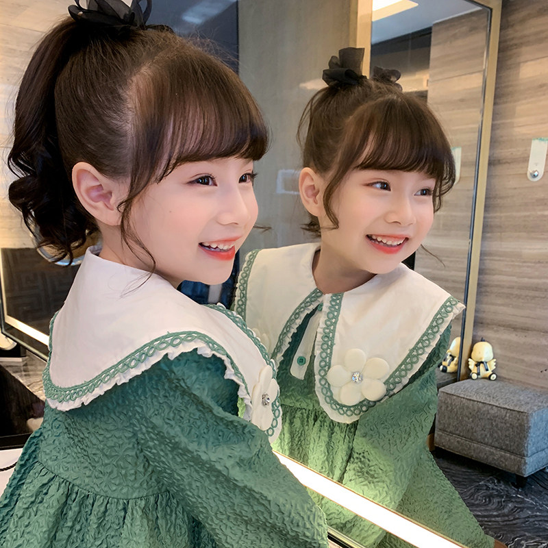 Girls dress spring dress 2022 new children's skirt green doll collar foreign princess skirt little girl long sleeves