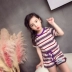 Bộ đồ bé gái Bộ đồ bé gái sọc ngắn tay ngắn Bộ đồ hai mảnh 2018 Mùa hè Mới vừa Lớn Bộ đồ trẻ em lớn 2 quần ống rộng trẻ em Phù hợp với trẻ em