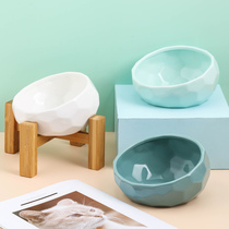 Cat bowl ceramic high-footed wooden frame protects cervical vertebrae cat dog water bowl food bowl dog bowl oblique mouth pet bowl cat food bowl