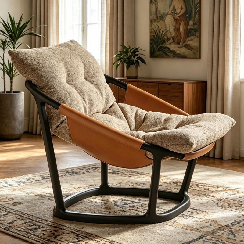 Italian Minimalist Black Walnut Leisure Chair, Wabi-Sabi Style Single Sofa Chair, Living Room Recliner, Balcony Lazy Chair