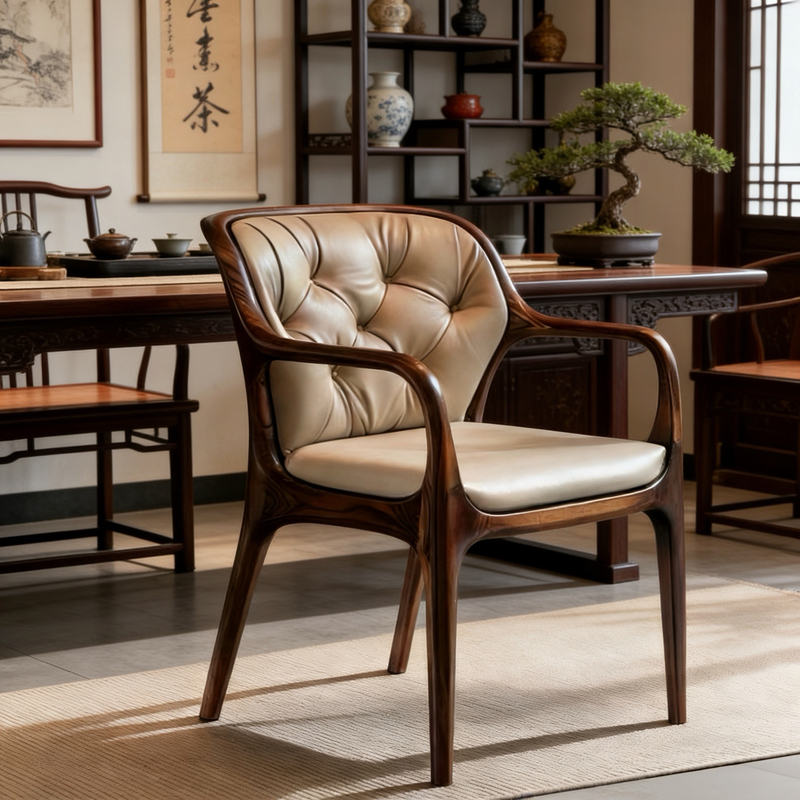 North American Black Walnut Leather Leisure Sofa Chair, Modern Light Luxury Solid Wood Dining Chair, Tea Chair, Backrest Chair, Designer Model
