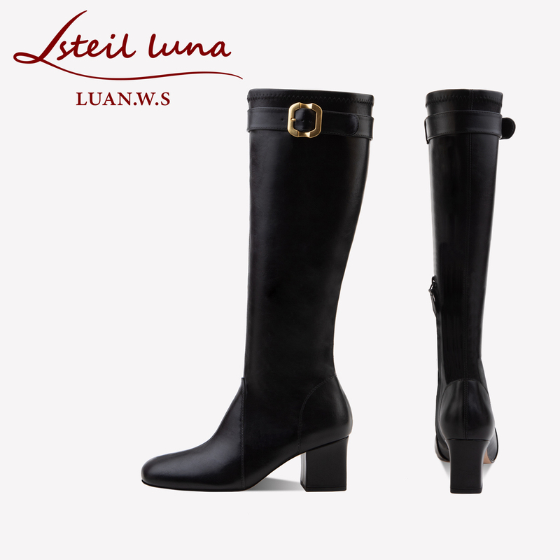 Thick-Heeled High-Heeled Slimming Elastic Boots for Women, High Boots, 2026 Autumn New Style, Genuine Leather, Versatile British Style Long Boots for Women