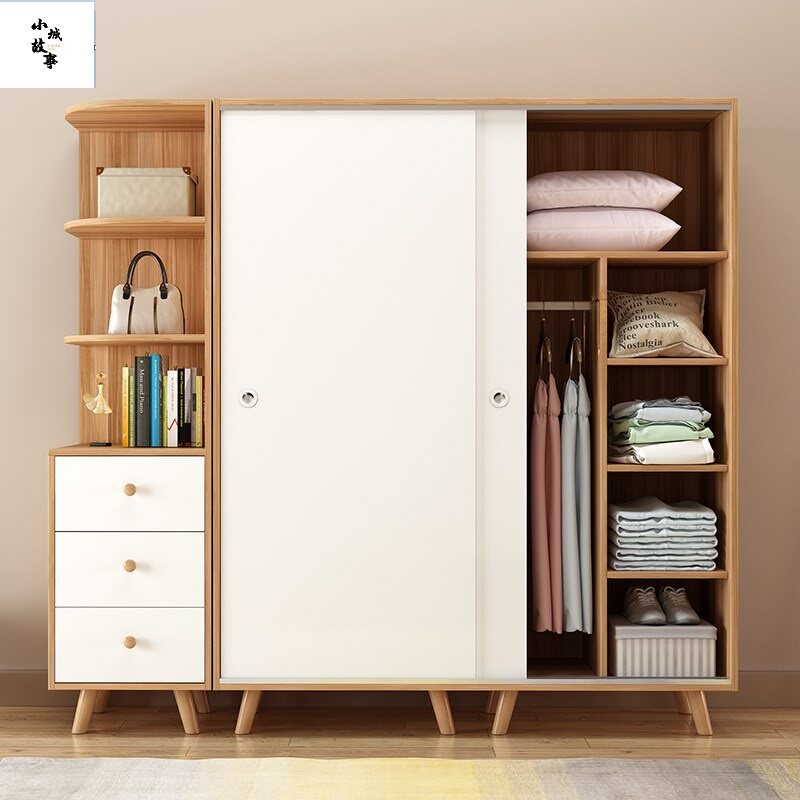 Nordic wardrobe sliding door Simple modern small apartment assembly bedroom Children's storage Sliding plate solid wood wardrobe