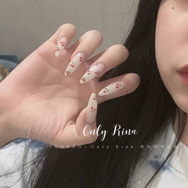 Hand-painted milky white cherry OnlyRina Rina/Customized manicure handmade product patches ສວມໃສ່ເລັບມື