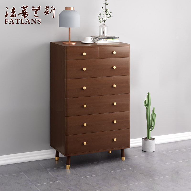 Pure solid wood walnut color simple bedroom living room Net red storage cabinet storage cabinet drawer cabinet light luxury Chinese bucket cabinet