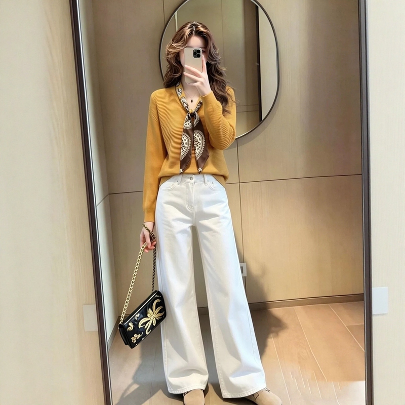Autumn Mature and Sophisticated Outfit: a Complete Set with a High-End Chic and Unique Salty Style, Including a Silk Scarf and Knitted Top Set