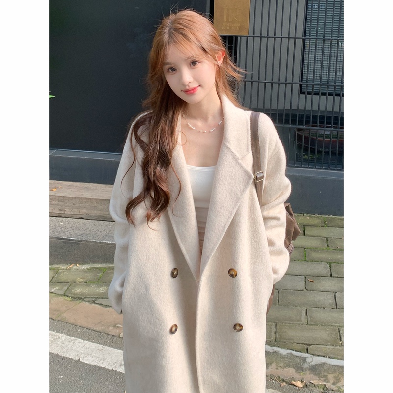 Off-White Double-Sided Wool Cashmere Coat for Women, Autumn and Winter 2026 New High-End Korean Style Mid-Length Cocoon-Shaped Wool Coat