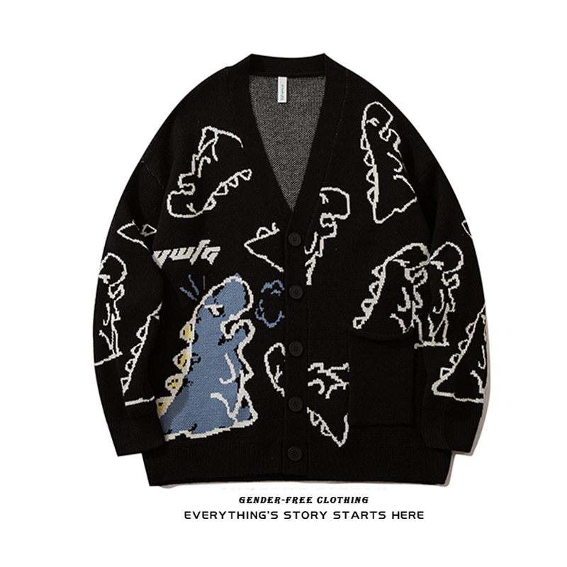 ZOROHOM tide brand cartoon dinosaur print long-sleeved knitted jacket sweater men and women loose casual couple cardigan
