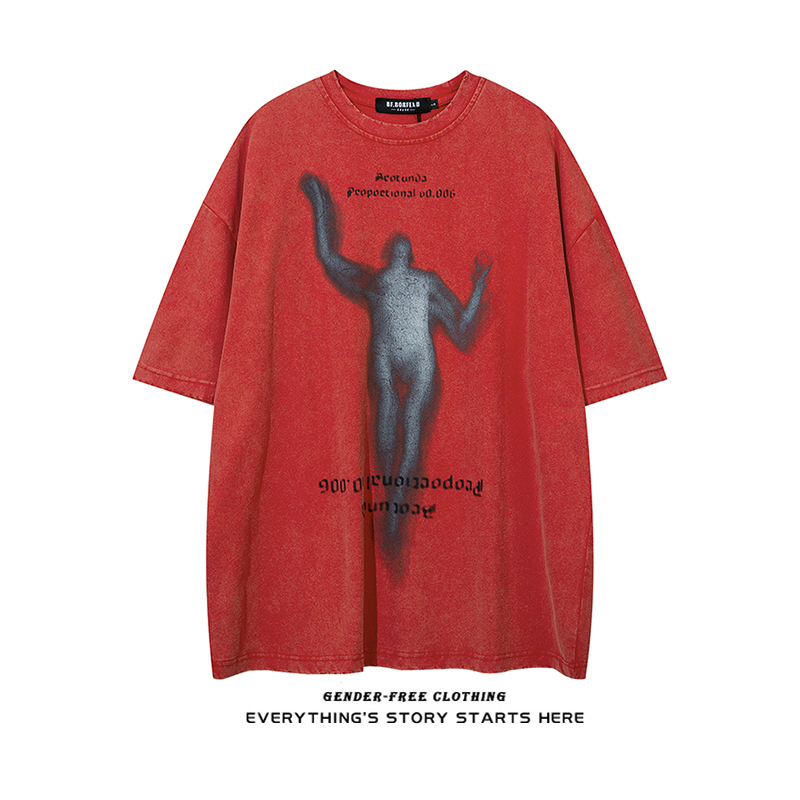 ZOROHOM made old craftsmanship edging spray painting graffiti printing round neck short-sleeved T-shirt men and women loose trend half-sleeve shirt