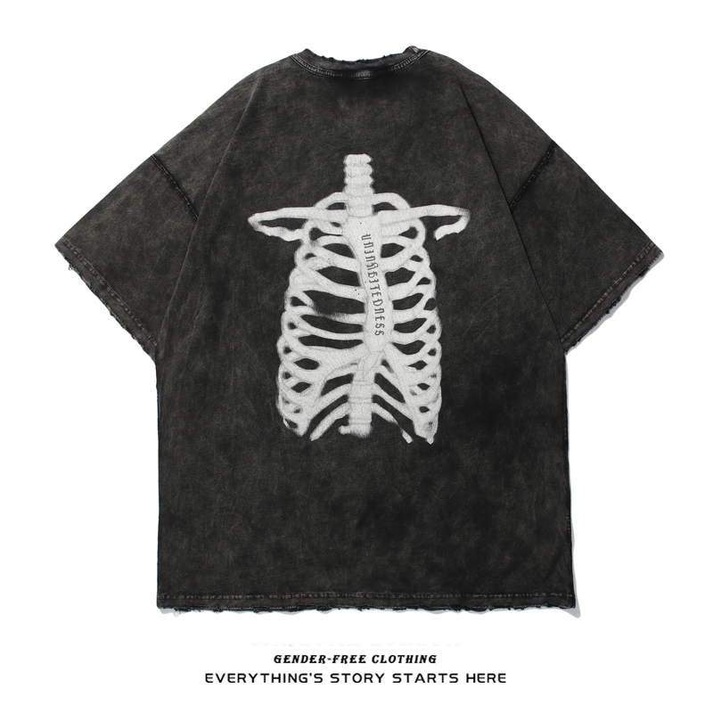 ZOROHOM high street tide brand wash water to make old fried flower bone print T-shirt men's and women's loose hip-hop summer clothes