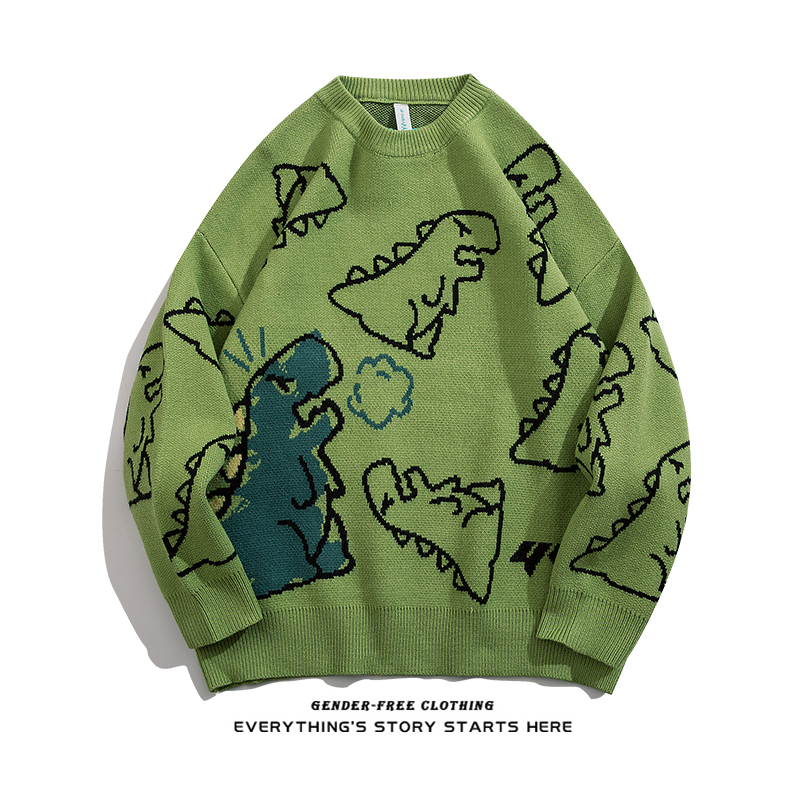 ZOROHOM fun graffiti cartoon dinosaur print round neck long-sleeved knitted sweater men and women loose spring and autumn shirt