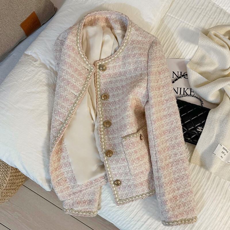 Vasg Genuine Pink Gentle and Sweet Short Tweed Blazer for Women, Popular Trendy Top