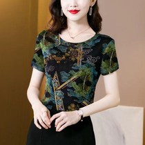 Net red ice silk large size round neck short-sleeved T-shirt womens 2021 summer new elastic Chinese style printing top