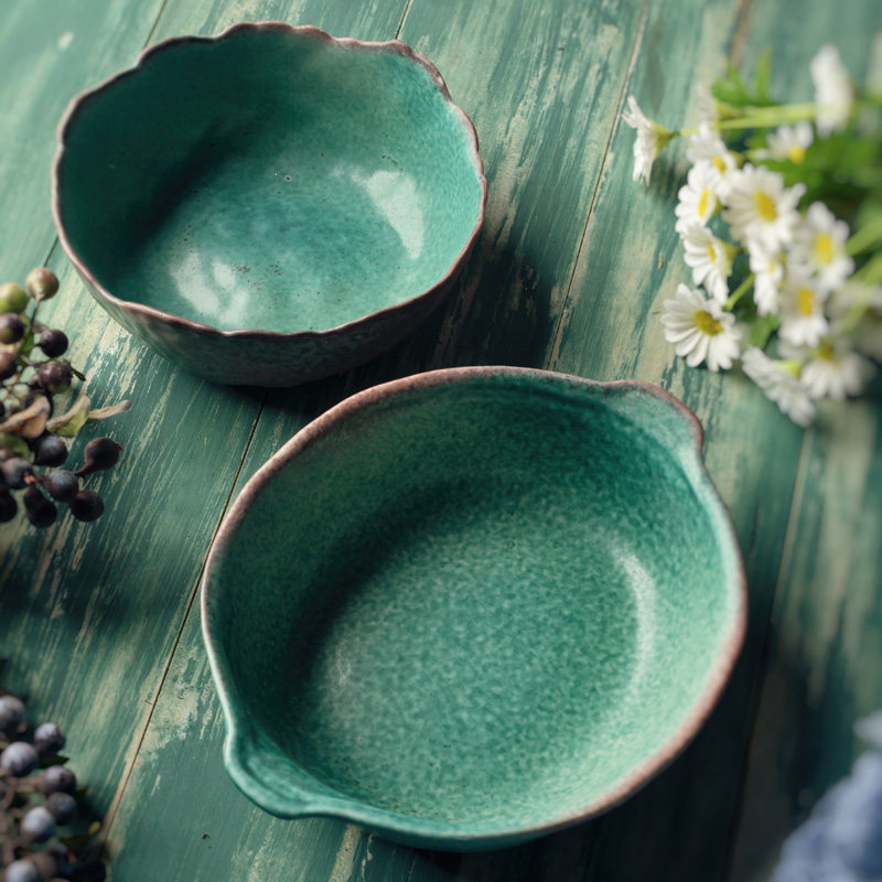 Blue-green vintage binaural disc fish plate cooking bowl artistic creativity special-shaped tungsten literary and artistic homestay restaurant tableware