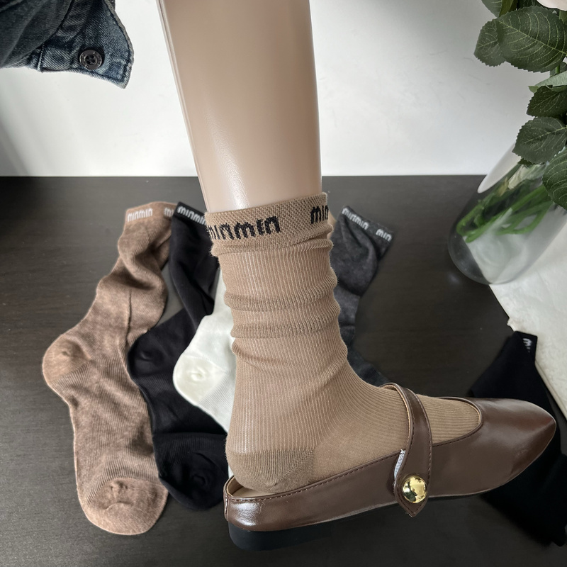 Miu Style Khaki Coffee Brown Slouch Socks for Women, Summer Thin Fashionable Designer Runway Style Black and White Mid-Calf Socks