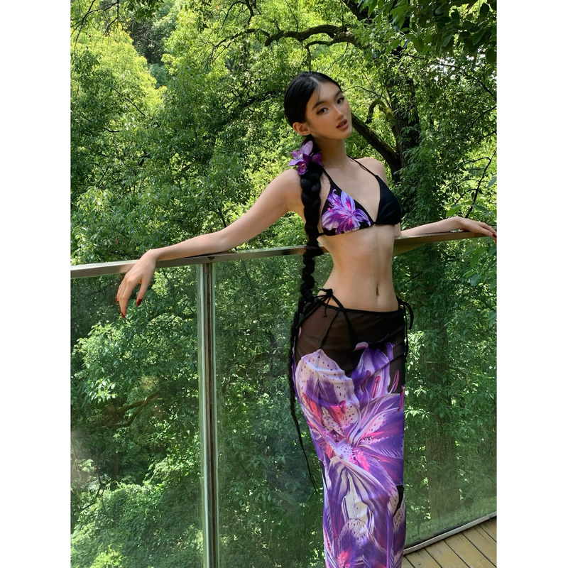 Whimsy·Purple Vacation ins Style Sexy Printed Bikini Tie-Up Hot Spring Vacation Bikini Three-Piece Set
