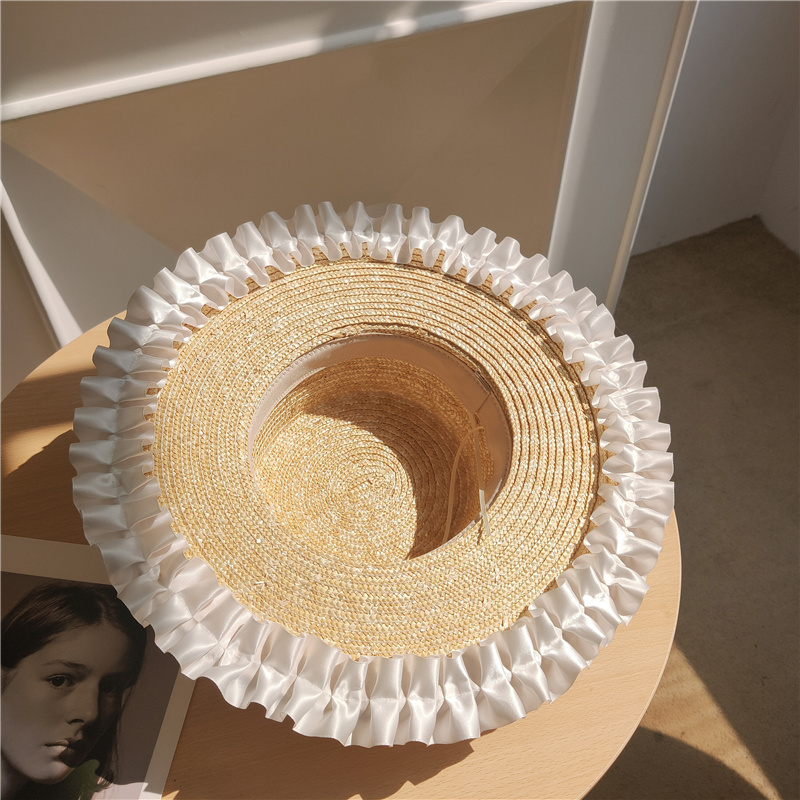 Fashion Elegant Pearl Decorated Pleated Lace Big Brim Straw Beach Hat display picture 4