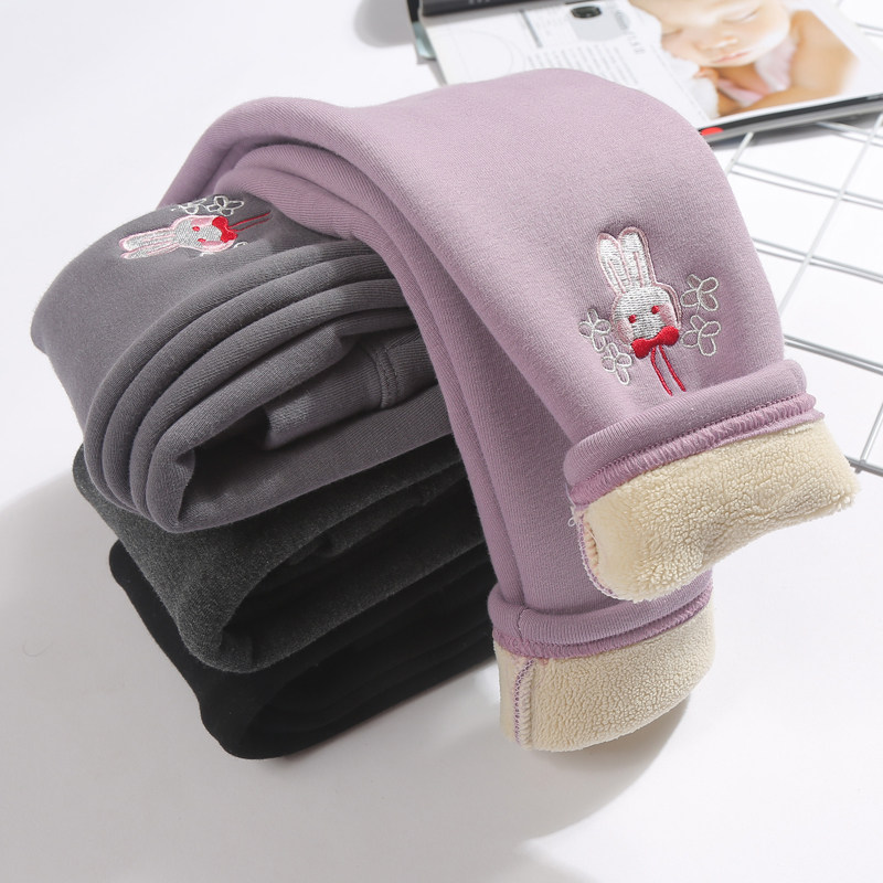 Girls' fleece inner pants 2021 winter three-layer thickened children's warm pants outer wear children's embroidered long pants