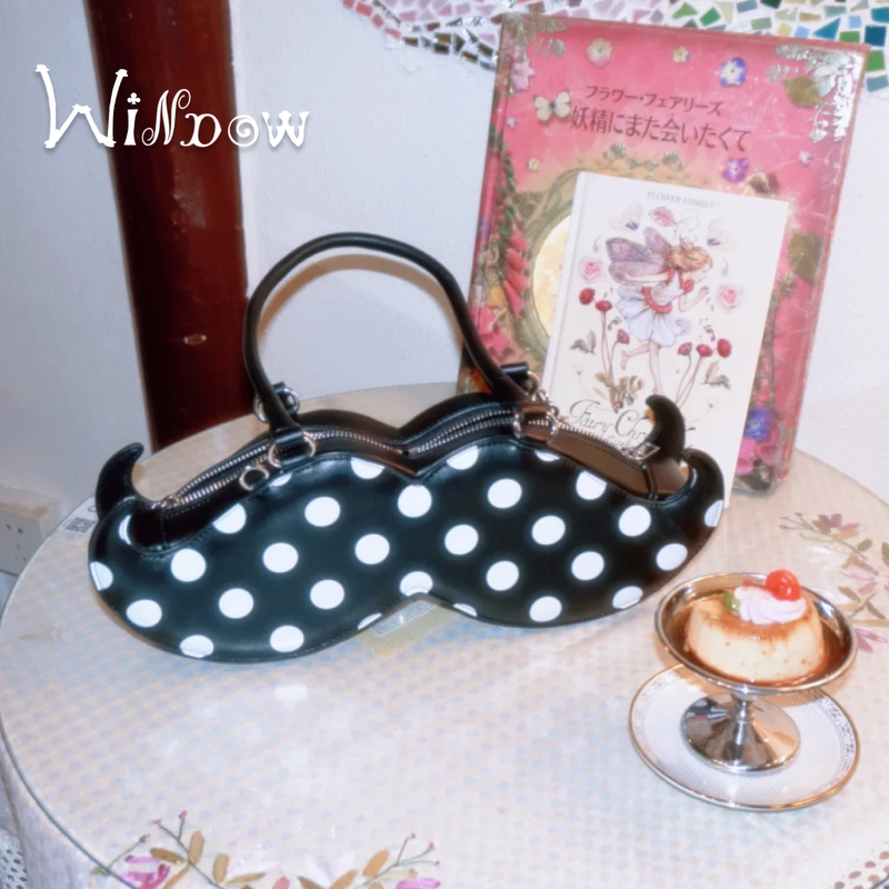 Window Original Vintage Mustache Matte Leather Black Background with Small White Polka Dots Crossbody | Underarm Bag
