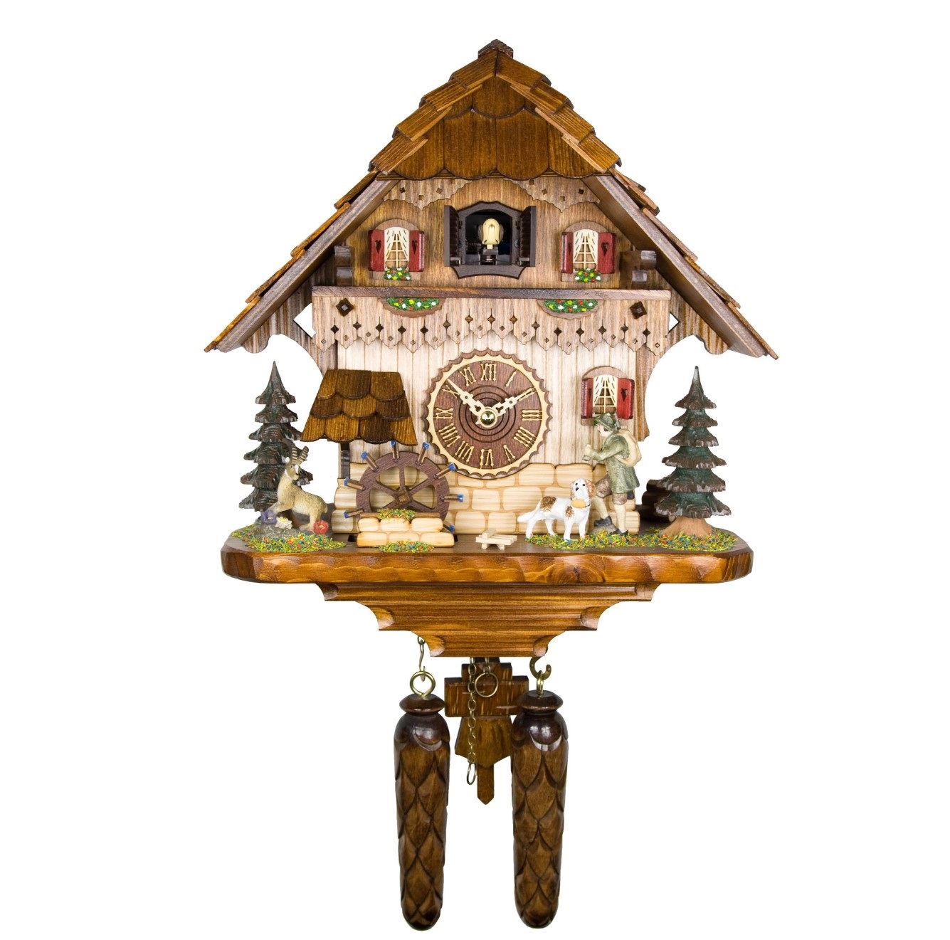 German Trenkle AH 475 QM Hunter Hound Cuckoo Black Forest House Carved Clock Wall Clock