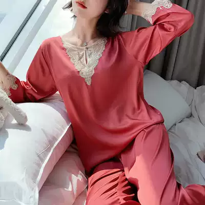 Spring and autumn sexy silk pajamas women loose Ice Silk Robe red two-piece silk lace home suit