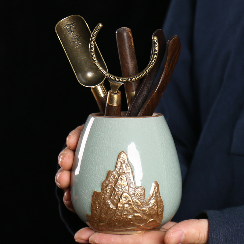 Ebony wood tea six gentleman 's suit household kung fu tea accessories ceramic knife ChaGa tea caddy fixings tea spoon