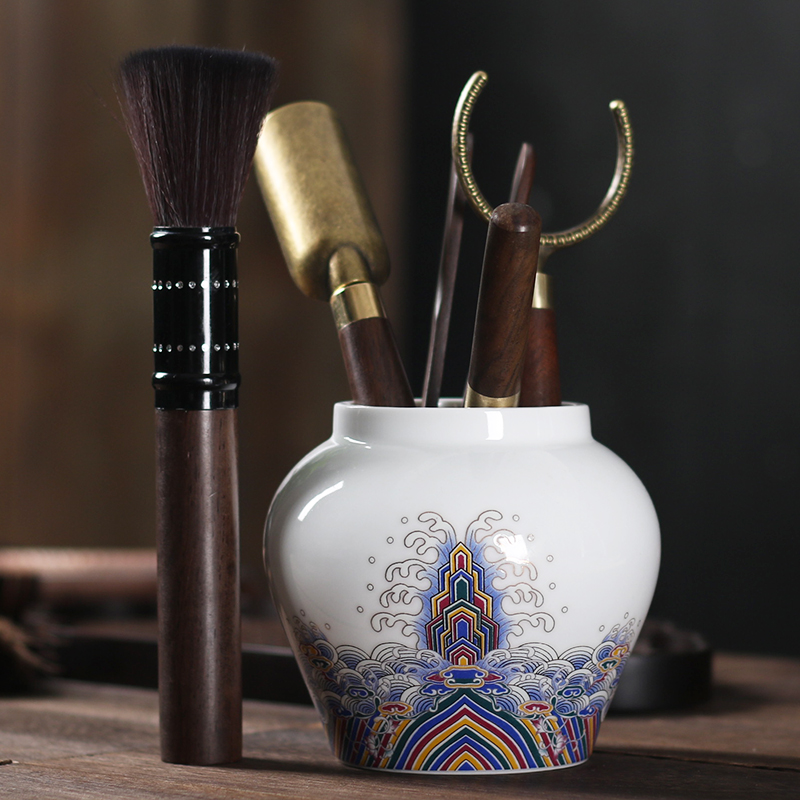 Ebony wood tea six gentleman 's suit household kung fu tea accessories ceramic POTS ChaGa tea spoon, knife