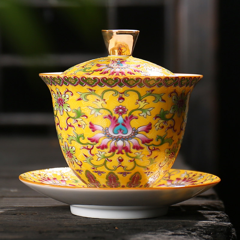Gold enamel color cover bowl Large three-cai tea bowl Kung Fu tea tea set thickened heat-resistant single tea cup Tea maker