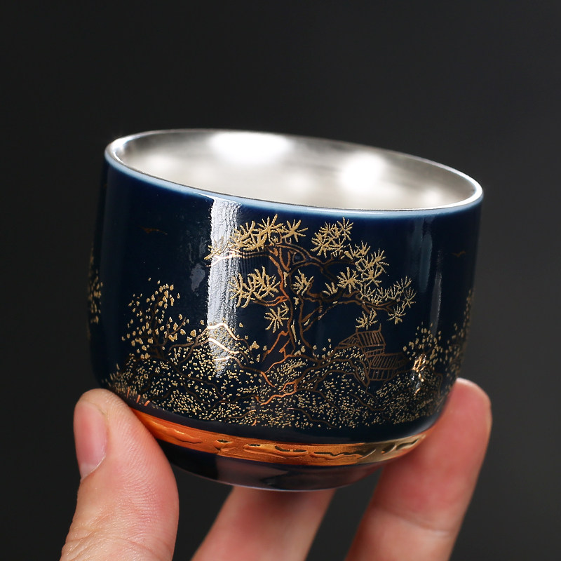 Silver Cup Single 999 Silver Tea Cup Ceramic Master Cup Enamel Colored Silver Liner Ceramic Cup Household Tea Cup