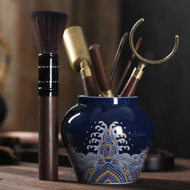 Ebony wood tea six gentleman 's suit household kung fu tea accessories ceramic POTS ChaGa tea spoon, knife