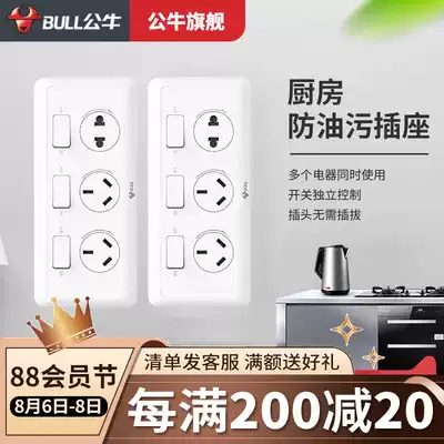 Bull kitchen special socket 10A anti-fume socket with switch Wall power supply Porous waterproof panel white