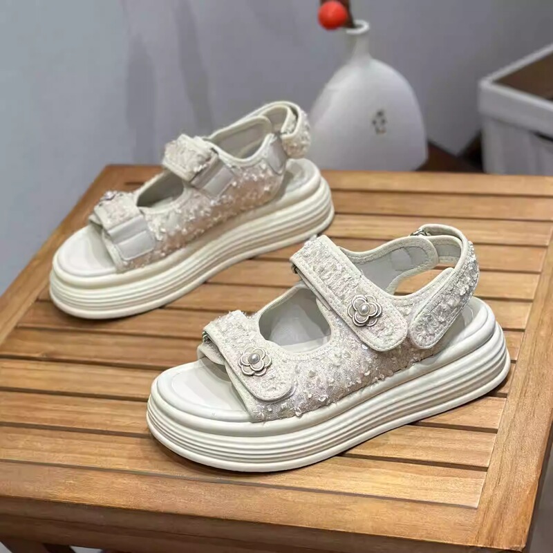 Roman Sandals for Women 2026 New Trendy Velcro Chanel-Style Women's Shoes with Sequins and Thick Soles for the Beach