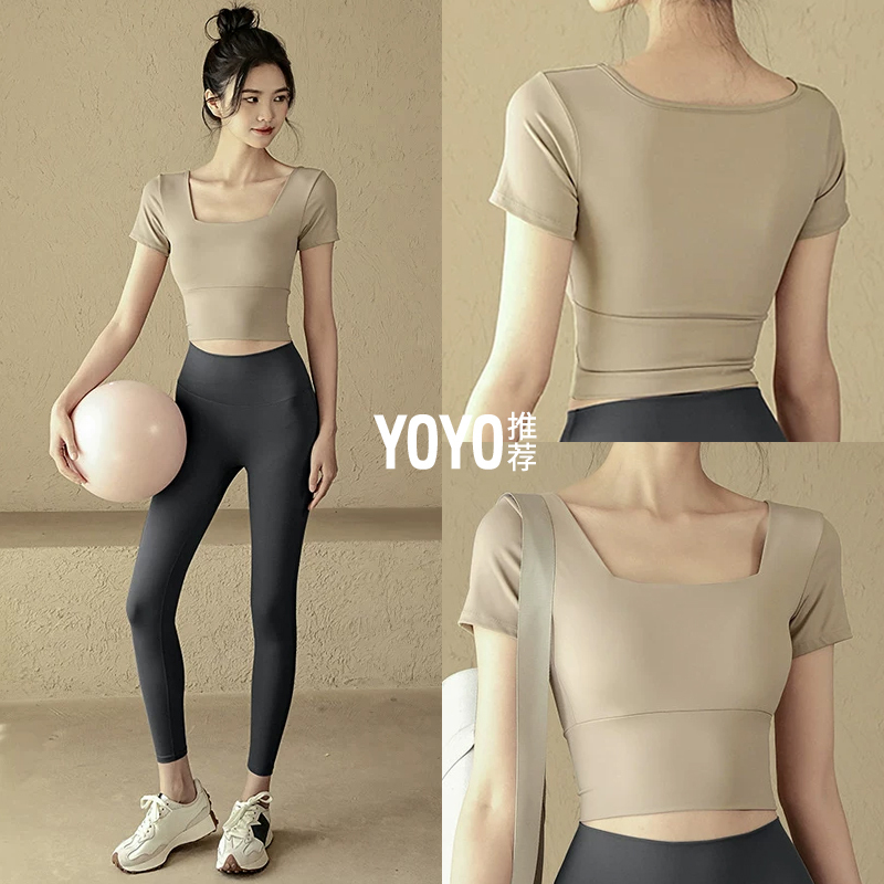 Plus Size Fat mm Sports Suit with Chest Pad Yoga Wear Short-Sleeved Women's Pilates Training Fitness Top Running T-Shirt