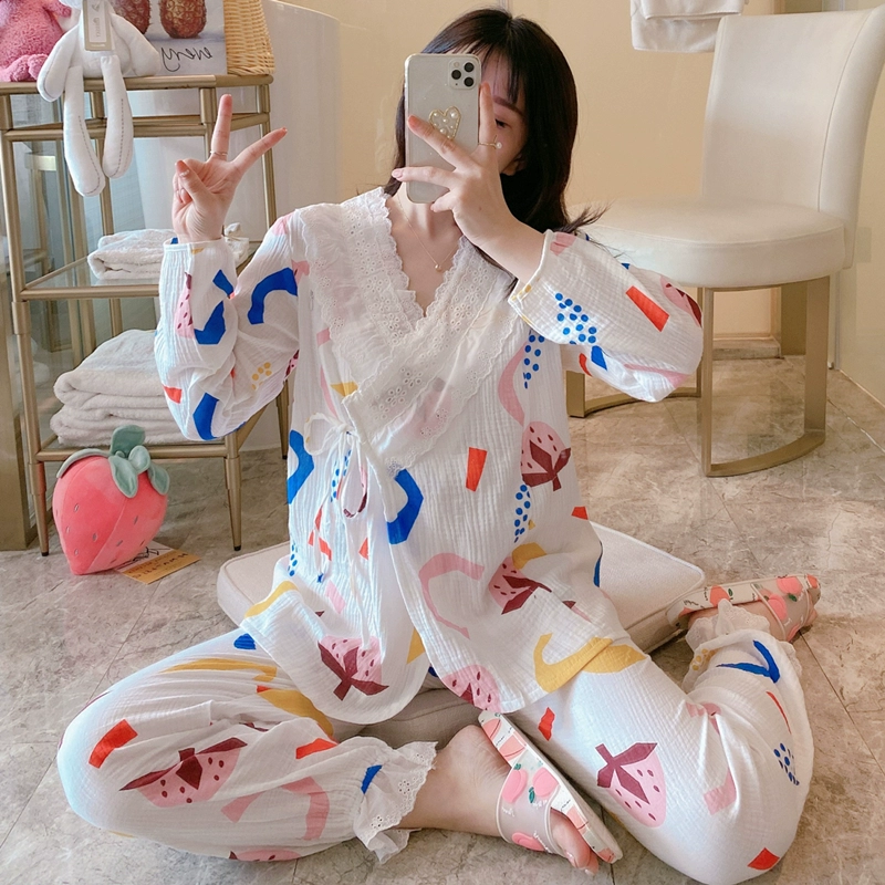 Quần áo giam giữ mùa hè mỏng phần sau sinh Có thể vải cotton tinh khiết mùa xuân và mùa thu đồ ngủ bà bầu và quần áo cho con bú - Giải trí mặc / Mum mặc
