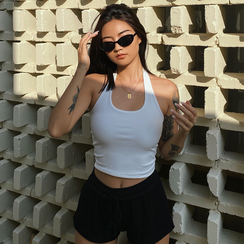 French double-layer thread fabric halter neck round neck slim white high waist suspenders backless sexy vest female